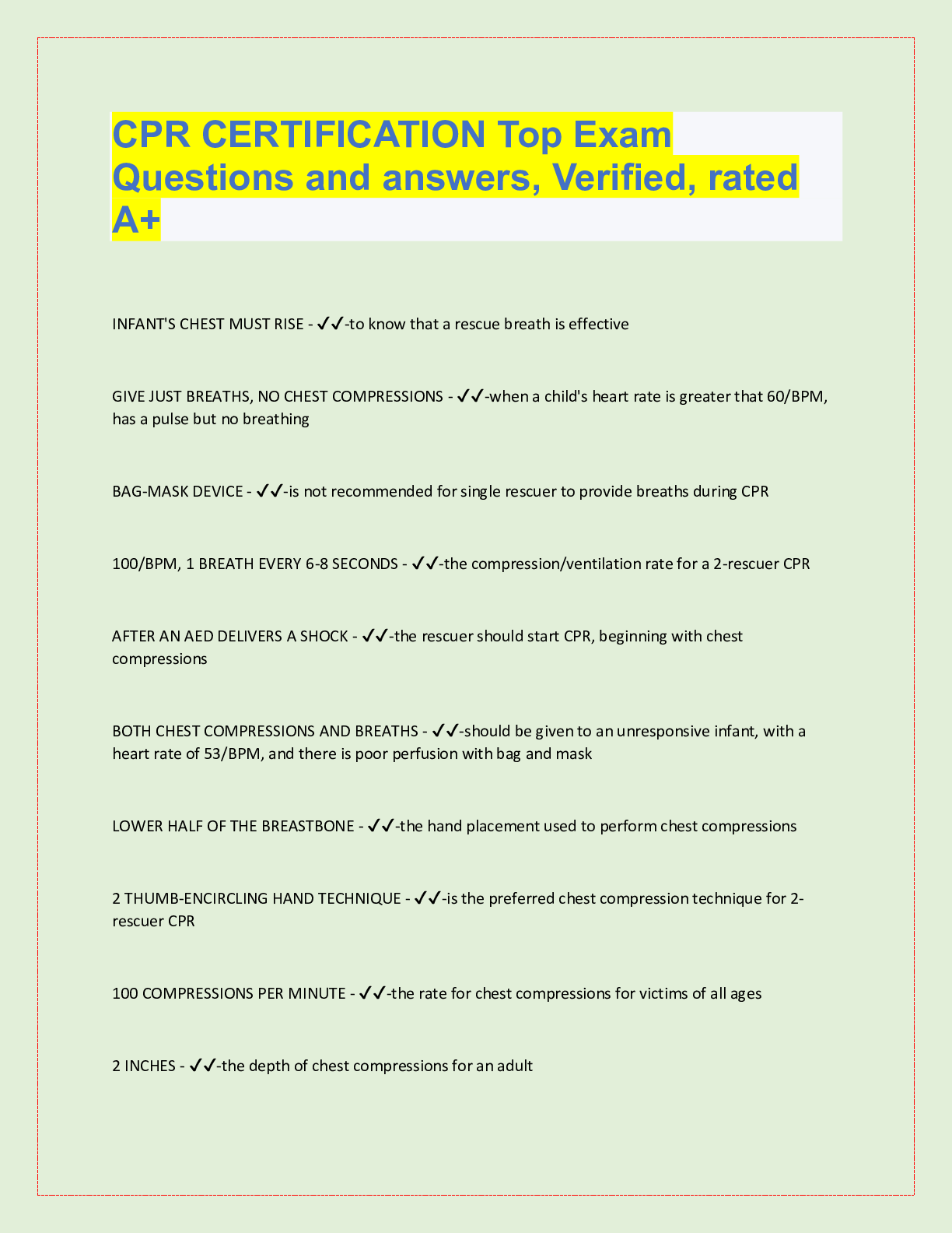 Preview image for CPR CERTIFICATION Top Exam  Questions and answers, Verified, rated  A+
